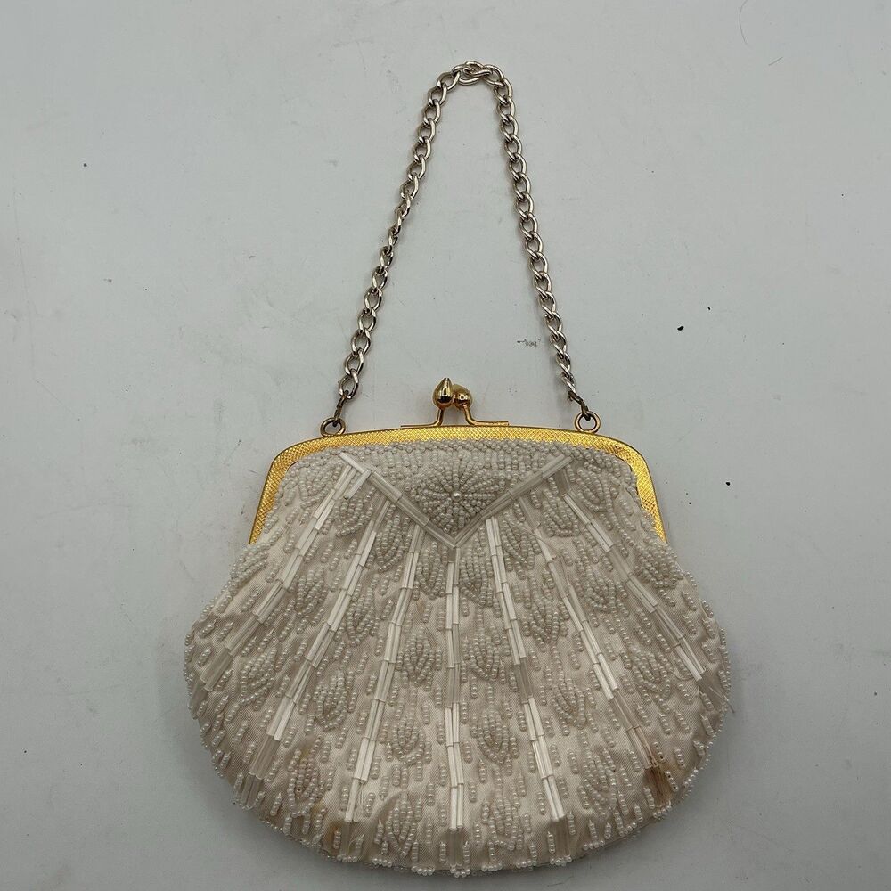 Vintage Hong Kong White Beaded Evening Purse Kiss Lock Bridal Handbag